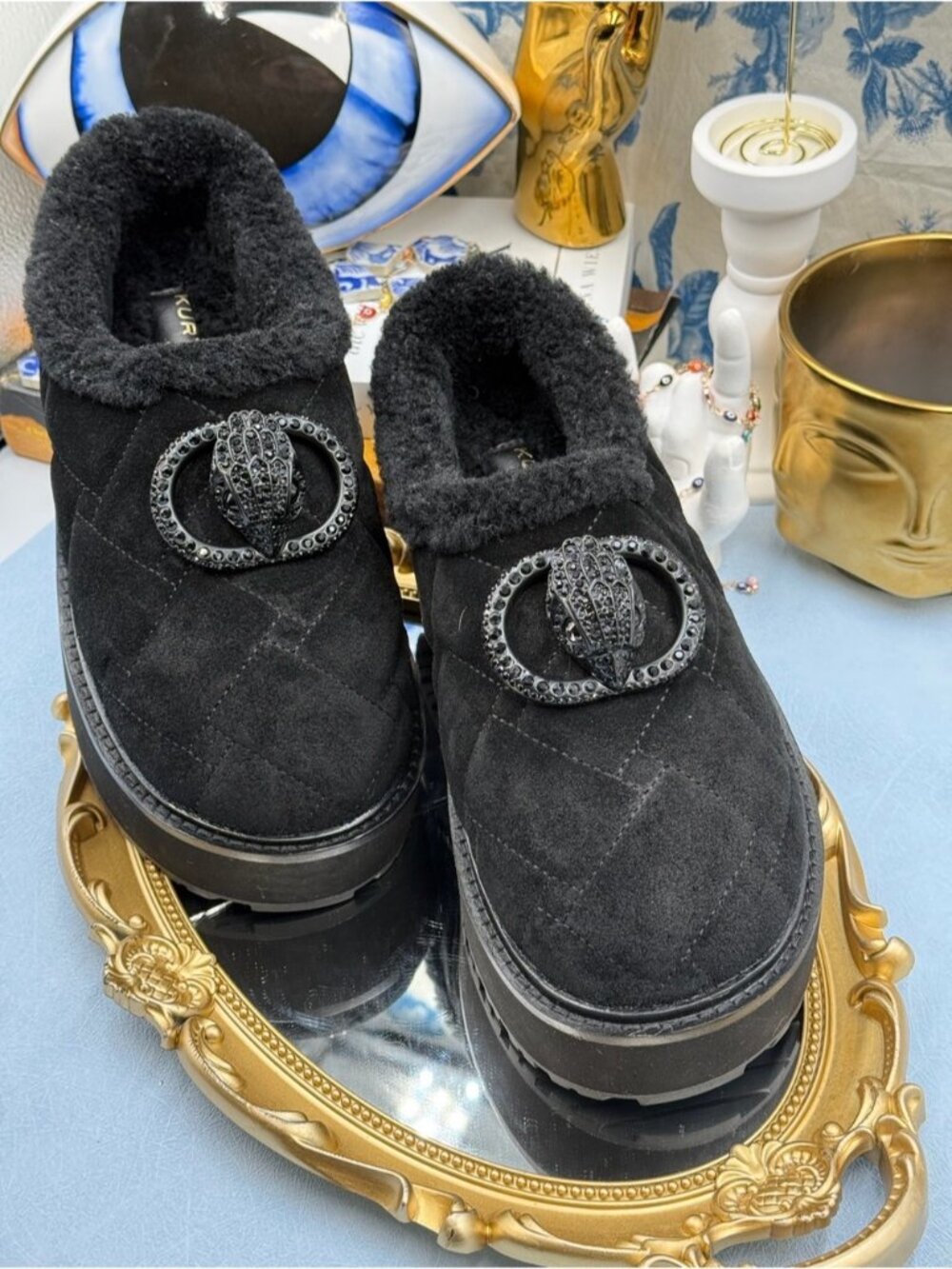 🆕 KURT GEIGER LONDON 🧿 NWOB Chelsea Suede Flatform Slippers, Black - Sz 37 US7